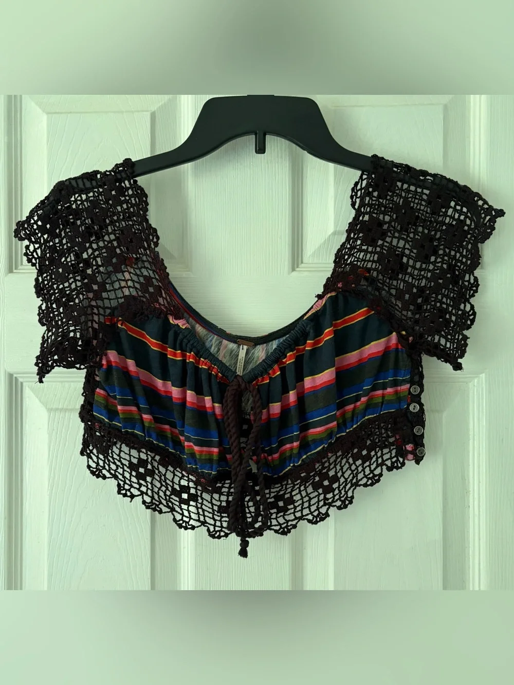 Free People Black Crochet-Trim Striped Crop Top